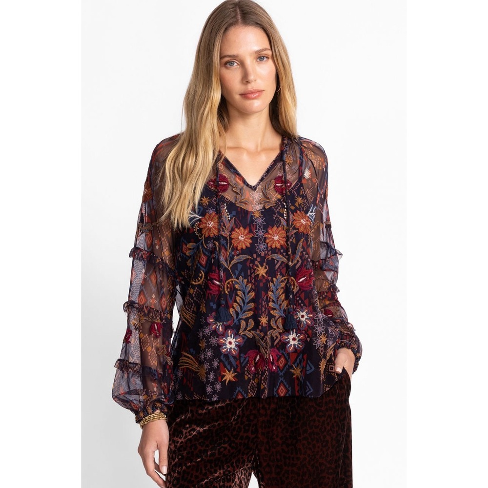 Johnny Was Sapphire Mesh Blouse Women Med Monika Embroidered Boho Peasant Folk